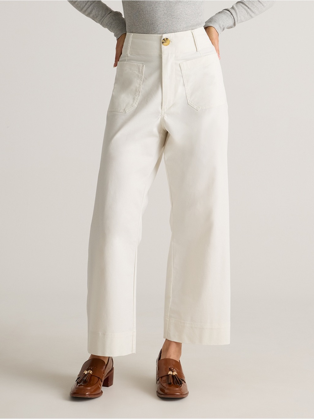 Quince Organic Stretch Cotton Chino Cropped Wide Leg Pants in Frost, 8